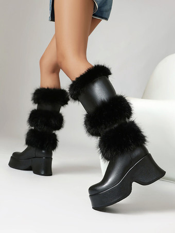 ミッドカーフブーツ レディース PUレザー ラウンドトゥ チャンキーヒールブーツ