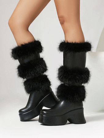 ミッドカーフブーツ レディース PUレザー ラウンドトゥ チャンキーヒールブーツ