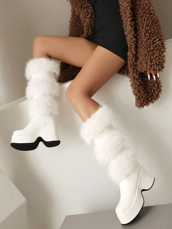 ミッドカーフブーツ レディース PUレザー ラウンドトゥ チャンキーヒールブーツ