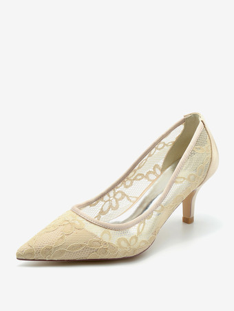 シャンパンカラーウェディングシューズ ブライダルパンプス レース ポインテッドトゥ