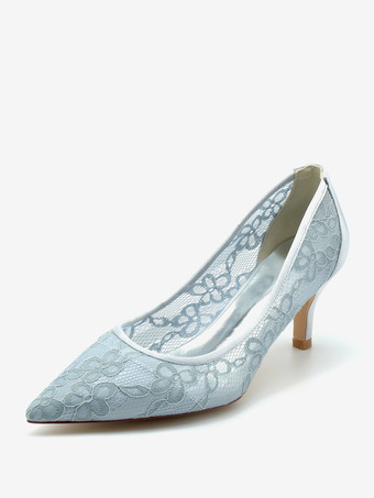 シルバー ウェディングシューズ ブライダルパンプス レース ポインテッドトゥ