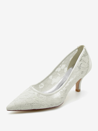 アイボリー ウェディングシューズ ブライダルパンプス レース ポインテッドトゥ