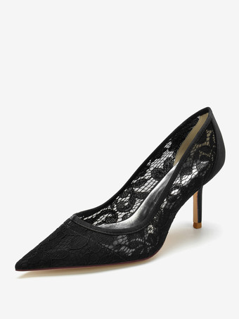 ブラック ウェディングシューズ ブライダルパンプス レース ポインテッドトゥ