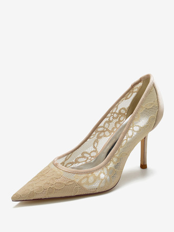シャンパンカラーウェディングシューズ ブライダルパンプス レース ポインテッドトゥ