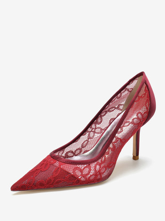 ワインレッド ウェディングシューズ ブライダルパンプス レース ポインテッドトゥ