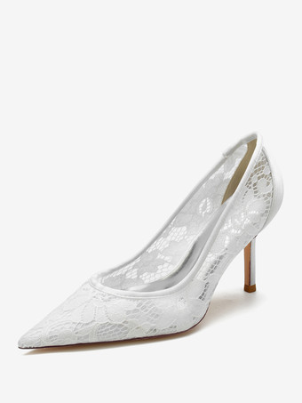 ホワイト ウェディングシューズ ブライダルパンプス レース ポインテッドトゥ