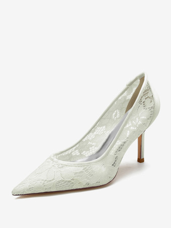アイボリー ウェディングシューズ ブライダルパンプス レース ポインテッドトゥ