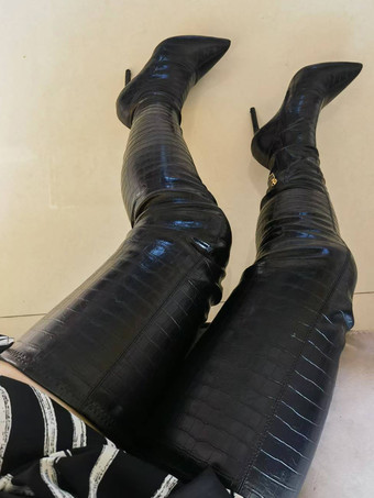 オーバーニーブーツ ブラック レディース オーバーニーブーツ PUレザー スティレットヒール