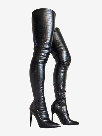 オーバーニーブーツ ブラック レディース オーバーニーブーツ PUレザー スティレットヒール