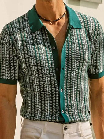 メンズ ラペル Tシャツ ストライプ シングルブレスト 半袖 ポロシャツ