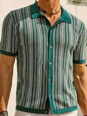 グリーン メンズ ラペル Tシャツ ストライプ シングルブレスト 半袖 ポロシャツ