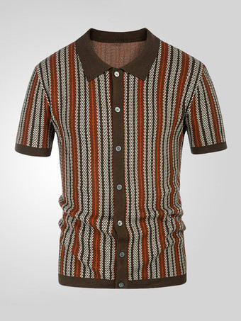 メンズ ラペル Tシャツ ストライプ シングルブレスト 半袖 ポロシャツ