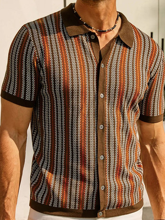 カーキ メンズ ラペル Tシャツ ストライプ シングルブレスト 半袖 ポロシャツ