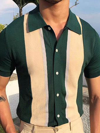 グリーン メンズラペルTシャツシングルブレストニット半袖ポロシャツ