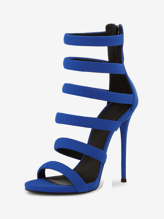 ブルー レディースヒールサンダル ラウンドトゥ マイクロスエードアッパーサンダル