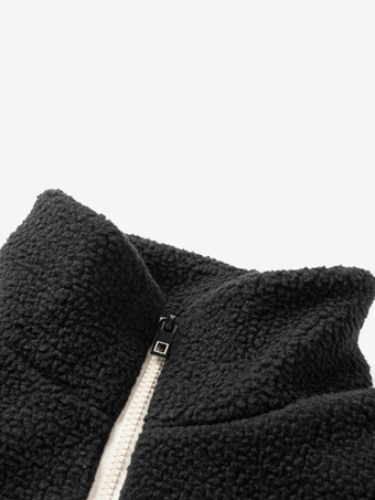 メンズ 冬用フリースジャケット スタンドカラー ルーズフィット 厚手 ジッパー開閉 ポケット付き