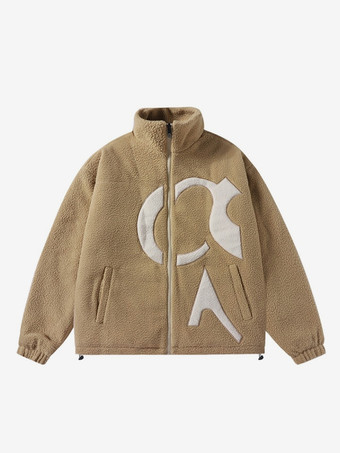 カーキ メンズ 冬用フリースジャケット スタンドカラー ルーズフィット 厚手 ジッパー開閉 ポケット付き