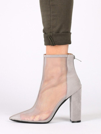 ライトグレー レディース チャンキーヒール マイクロスエードアッパー サマーブーツ