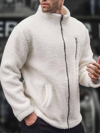 アイボリー メンズ フリース ジャケット 長袖 アウトドア ジャケット ポケットとジッパー開閉