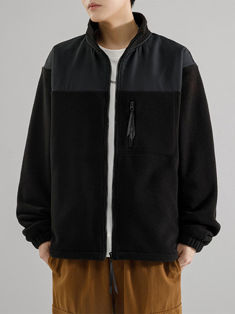 ブラック メンズ フリースジャケット カラーブロック 長袖 アウトドアジャケット ポケット付き