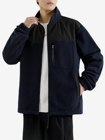 ダークネイビーメンズ フリースジャケット カラーブロック 長袖 アウトドアジャケット ポケット付き