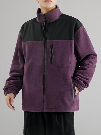 パープル メンズ フリースジャケット カラーブロック 長袖 アウトドアジャケット ポケット付き