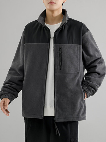 ダークグレー メンズ フリースジャケット カラーブロック 長袖 アウトドアジャケット ポケット付き