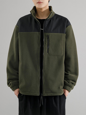 ハンターグリーン メンズ フリースジャケット カラーブロック 長袖 アウトドアジャケット ポケット付き