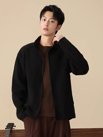 ブラック メンズ フリースジャケット 長袖 無地 アウトドアジャケット ポケット付き