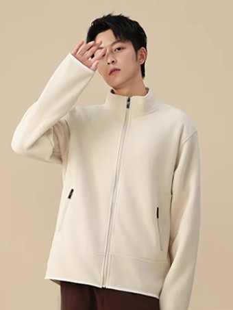 アイボリー メンズ フリースジャケット 長袖 無地 アウトドアジャケット ポケット付き