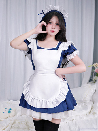 ディープブルーフレンチメイドコスチューム 帽子 ドレス エプロン 3点セット