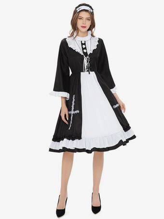 ハロウィン フレンチメイドコスチューム ブラック フリルドレス ネックレスセット