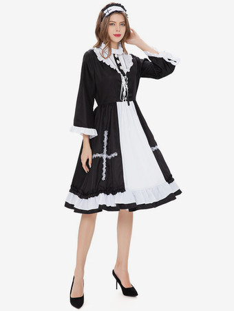 ハロウィン フレンチメイドコスチューム ブラック フリルドレス ネックレスセット