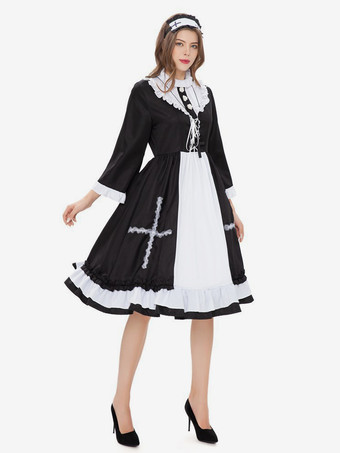 ハロウィン フレンチメイドコスチューム ブラック フリルドレス ネックレスセット