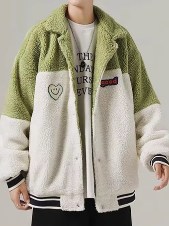 セージグリーンメンズ パッチワーク フリース ジャケット ルーズフィット 厚手 冬 暖かいコート