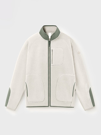 暖かい白メンズ フリースジャケット 長袖 スタンドカラー プリント 冬 暖かいコート