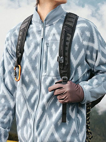 ライトスカイブルーメンズ フリースジャケット 長袖 スタンドカラー プリント 冬 暖かいコート