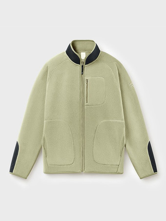 セージグリーンメンズ フリースジャケット 長袖 スタンドカラー プリント 冬 暖かいコート