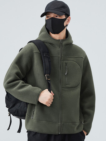 アボカドグリーンメンズ フード付きフリースジャケット 長袖 無地 冬 暖かい アウトドアジャケット