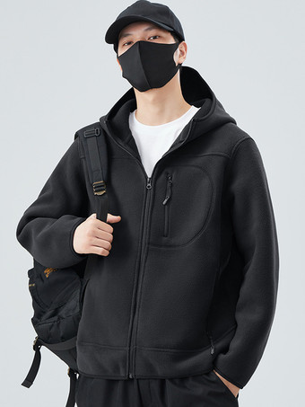 ブラック メンズ フード付きフリースジャケット 長袖 無地 冬 暖かい アウトドアジャケット