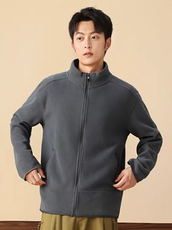 ダークグレー メンズ フリースジャケット 長袖 無地 アウトドアジャケット ポケット付き
