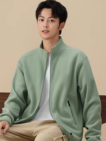 アボカドグリーンメンズ フリースジャケット 長袖 無地 アウトドアジャケット ポケット付き
