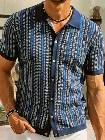 ブルー メンズ ラペル Tシャツ ストライプ シングルブレスト 半袖 ポロシャツ