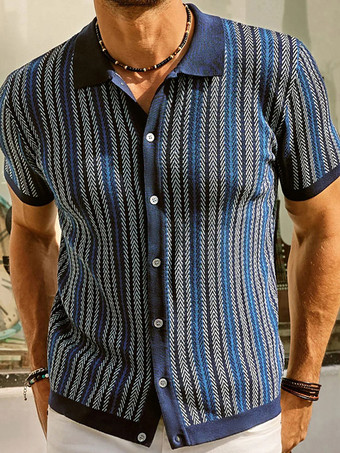 メンズ ラペル Tシャツ ストライプ シングルブレスト 半袖 ポロシャツ