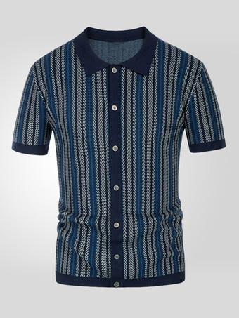 メンズ ラペル Tシャツ ストライプ シングルブレスト 半袖 ポロシャツ