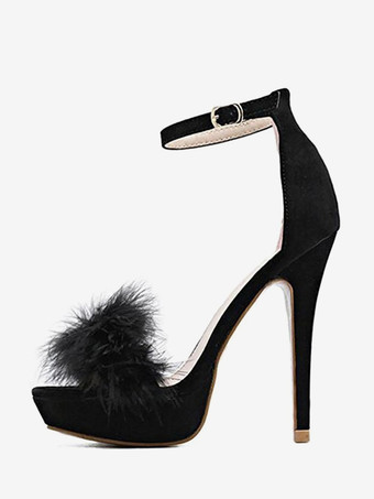 ブラック レディースヒールサンダル ラウンドトゥ スティレットヒール マイクロスエードアッパーサンダル