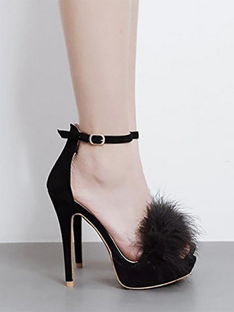 レディースヒールサンダル ラウンドトゥ スティレットヒール マイクロスエードアッパーサンダル