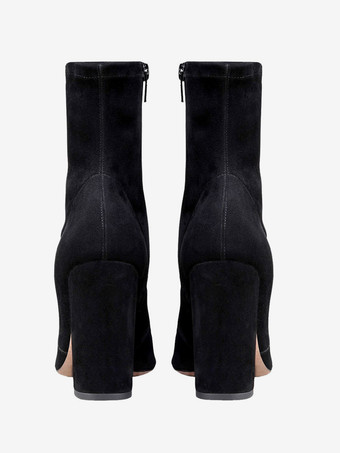 レディース ブラック ラウンドトゥ ブーティ チャンキーヒール アンクルブーツ