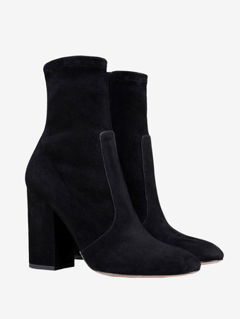 レディース ブラック ラウンドトゥ ブーティ チャンキーヒール アンクルブーツ