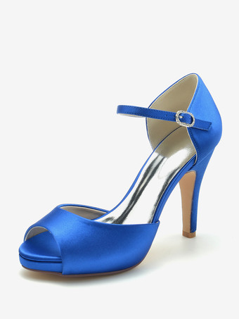 ロイヤルブルーウェディングシューズ ブライダルパンプス サテン ピープトゥ